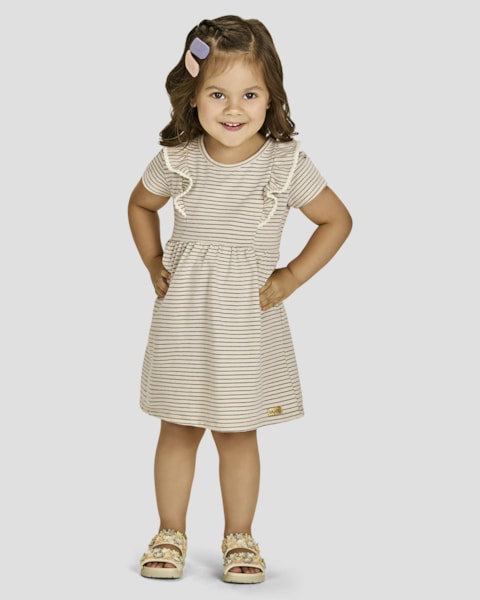 Vestido Infantil em Malha Listrada com Babado - Kely Kety - Tapioca