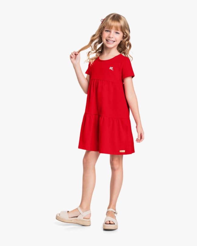 Vestido Infantil em Malha Texturizada com Babados - Kely Kety - Tomato-0a8ccbc2-bb24-4b9e-83ab-65c7a2b819e4