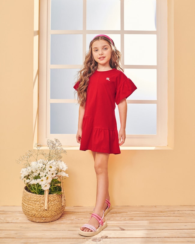 Vestido Infantil em Meia Malha com Babados - Kely Kety - Tomato-34f0b26f-24a4-47cd-84a0-e29f1447d1e5