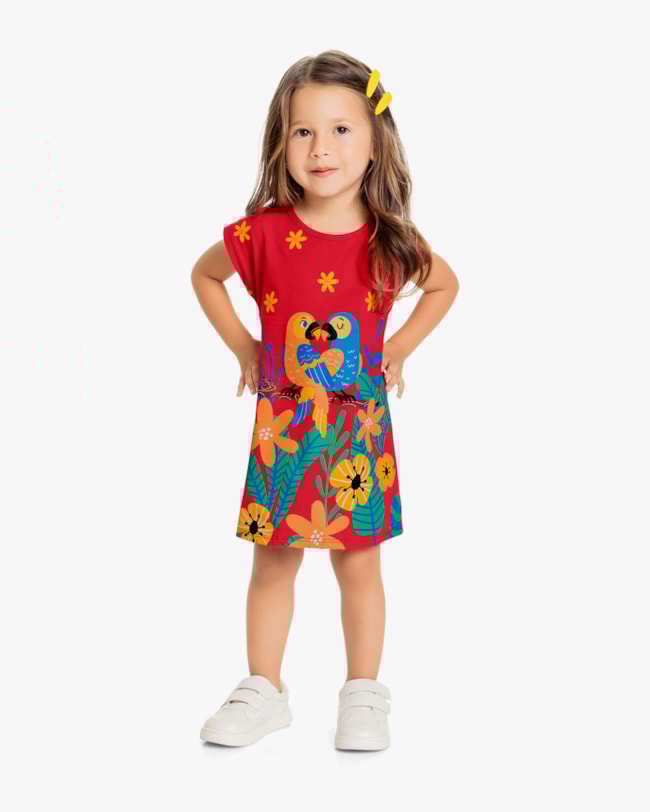Vestido Infantil em Meia Malha Estampa Arraras - Kely Kety - Tomato-a9471b25-0422-4825-8d6e-88f0e0d3903e