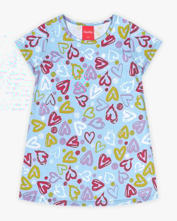 Vestido Infantil em Meia Malha Estampa Corações - Kely Kety - Azul