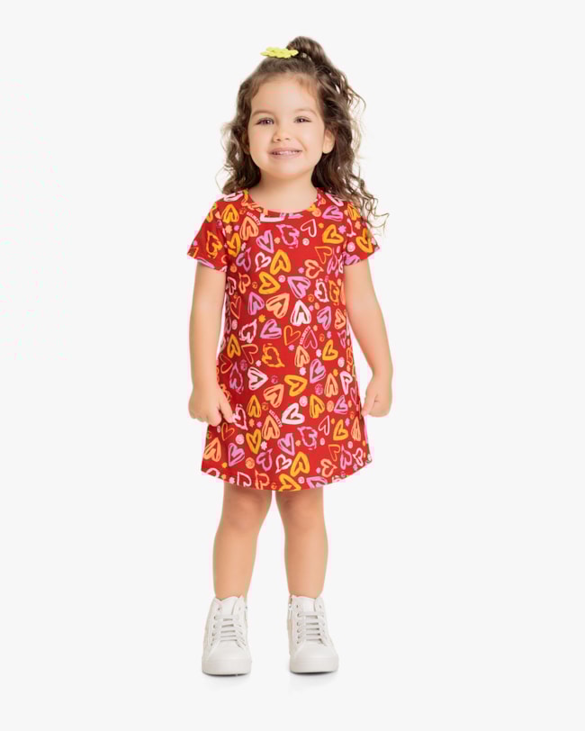Vestido Infantil em Meia Malha Estampa Corações - Kely Kety - Red Apple-63f52bb8-5688-4e1d-8ff3-cf83cb28c76d