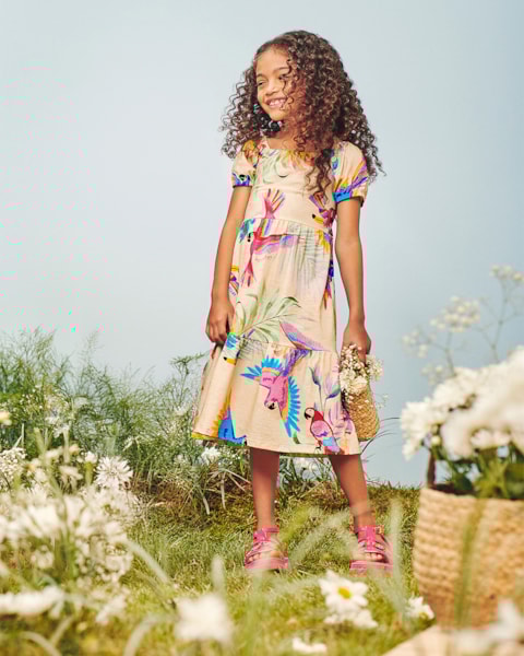 Vestido Infantil em Meia Malha Estampa Tropical - Kely Kety - Deserto