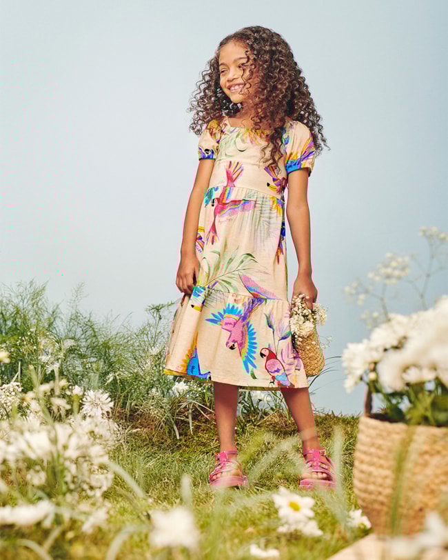 Vestido Infantil em Meia Malha Estampa Tropical - Kely Kety - Deserto-7e6bc0e5-b782-4180-bac0-5978a14a445f