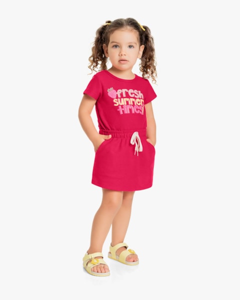 Vestido Infantil em Moletinho com Bolsos - Kely Kety - Cherry
