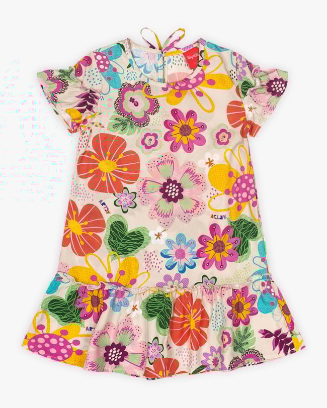 Vestido Infantil em Viscose Estampa Flores - Kely Kety - Off White-30b863cc-89c1-42e3-be81-3639772d42a4