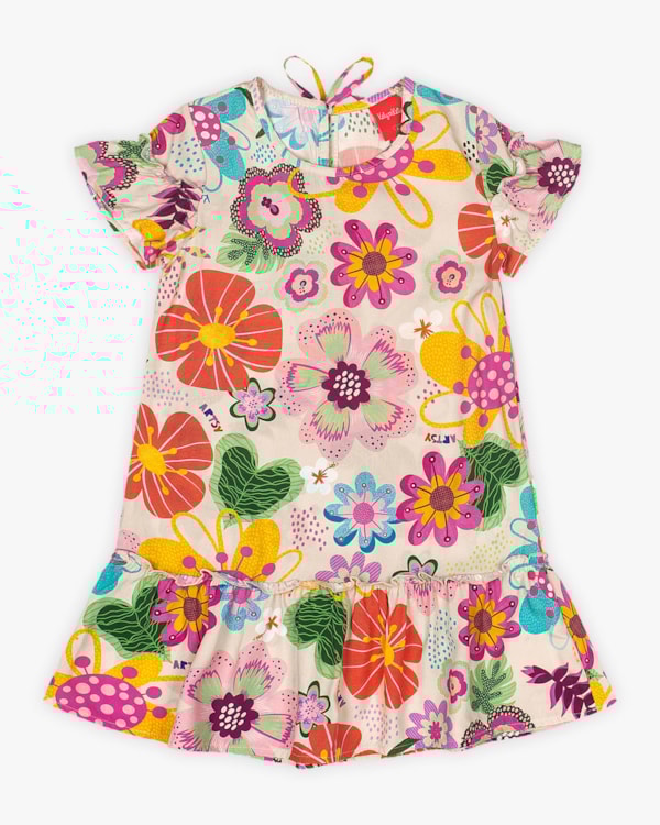 Vestido Infantil em Viscose Estampa Flores - Kely Kety - Off White