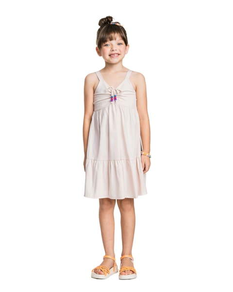 Vestido Infantil em Viscose Linho com Babado - Kely Kety - Areia