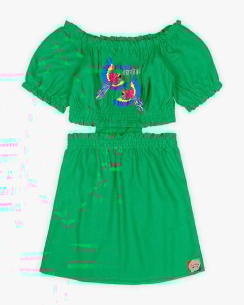 Vestido Infantil em Viscose Linho com Estampa Araras - Folha