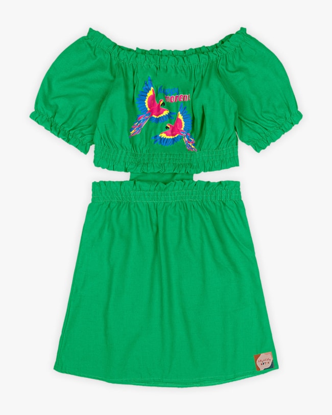 Vestido Infantil em Viscose Linho com Estampa Araras - Folha-353e3fb0-2ade-4d54-854b-61b5c352a25e