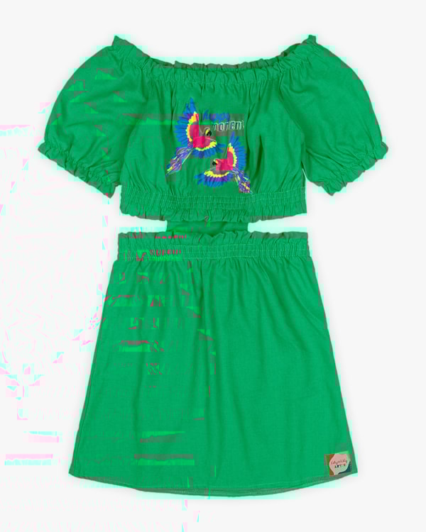 Vestido Infantil em Viscose Linho com Estampa Araras - Folha