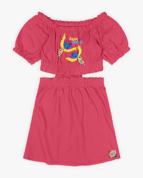 Vestido Infantil em Viscose Linho com Estampa Araras - Rosa