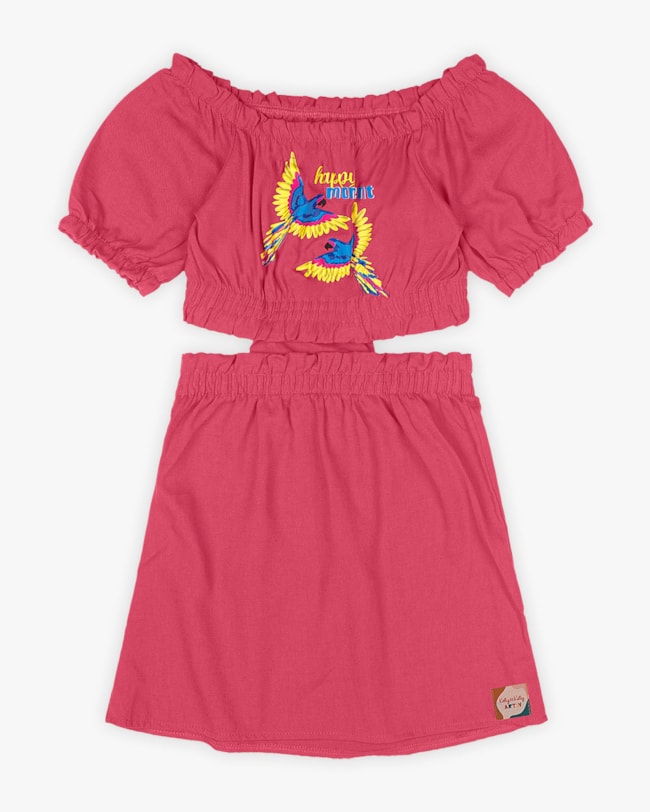 Vestido Infantil em Viscose Linho com Estampa Araras - Rosa-f17bc9be-1267-46d5-855a-58416c069019