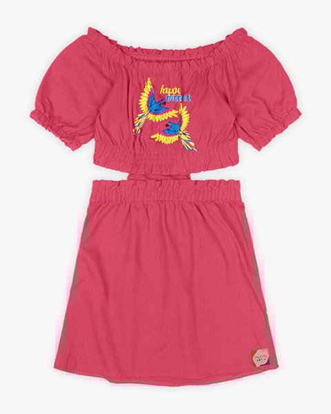 Vestido Infantil em Viscose Linho com Estampa Araras - Rosa