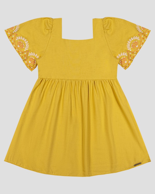 Vestido Infantil em Viscose Linho com Estampa Kely Kety Amarelo