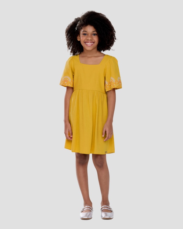 Vestido Infantil em Viscose Linho com Estampa Kely Kety Amarelo