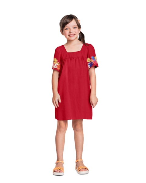 Vestido Infantil em Viscose Linho com Estampa Manga - Kely Kety - Carmim