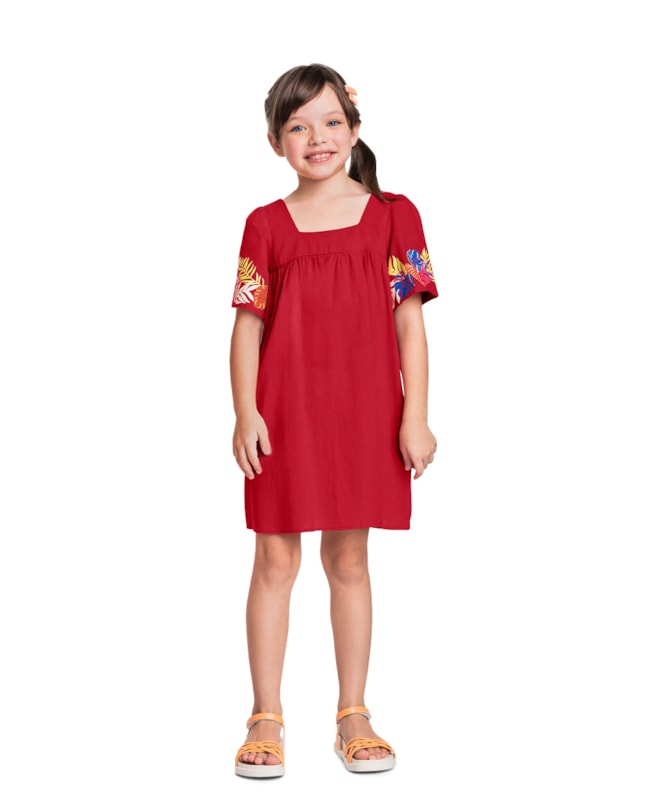 Vestido Infantil em Viscose Linho com Estampa Manga - Kely Kety - Carmim-36525a30-72e5-49e5-8237-f116ec2d4511