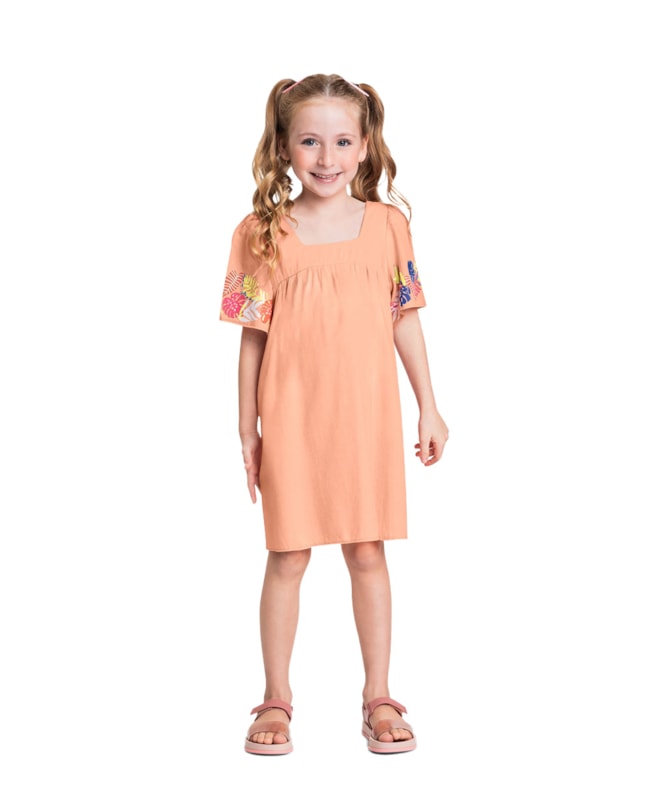 Vestido Infantil em Viscose Linho com Estampa Manga - Kely Kety - Pêssego-fdf112d3-3519-4e96-b857-5ed45a707aa6