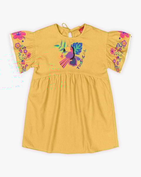 Vestido Infantil em Viscose Linho Estampa Tucano - Kely Kety - Mostarda