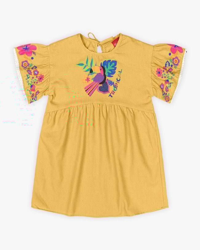 Vestido Infantil em Viscose Linho Estampa Tucano - Kely Kety - Mostarda-6b0deb28-b40d-4130-88e2-0fab8dbfeff9