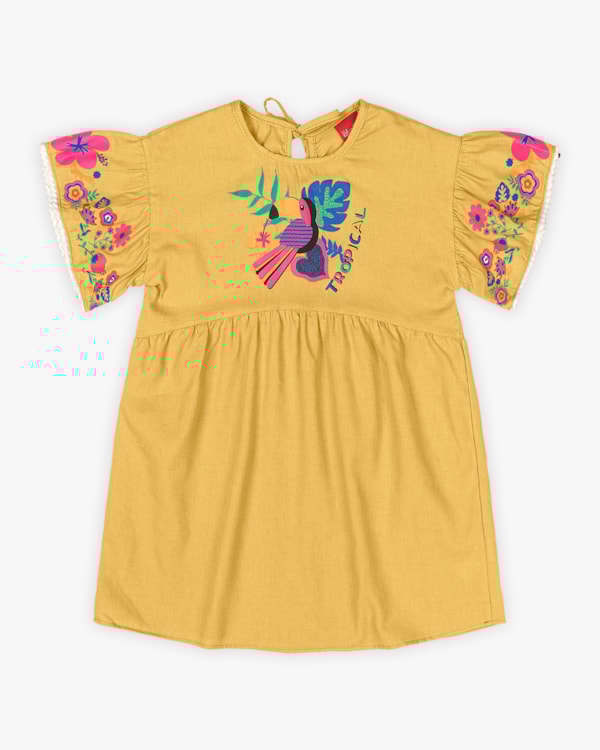 Vestido Infantil em Viscose Linho Estampa Tucano - Kely Kety - Mostarda