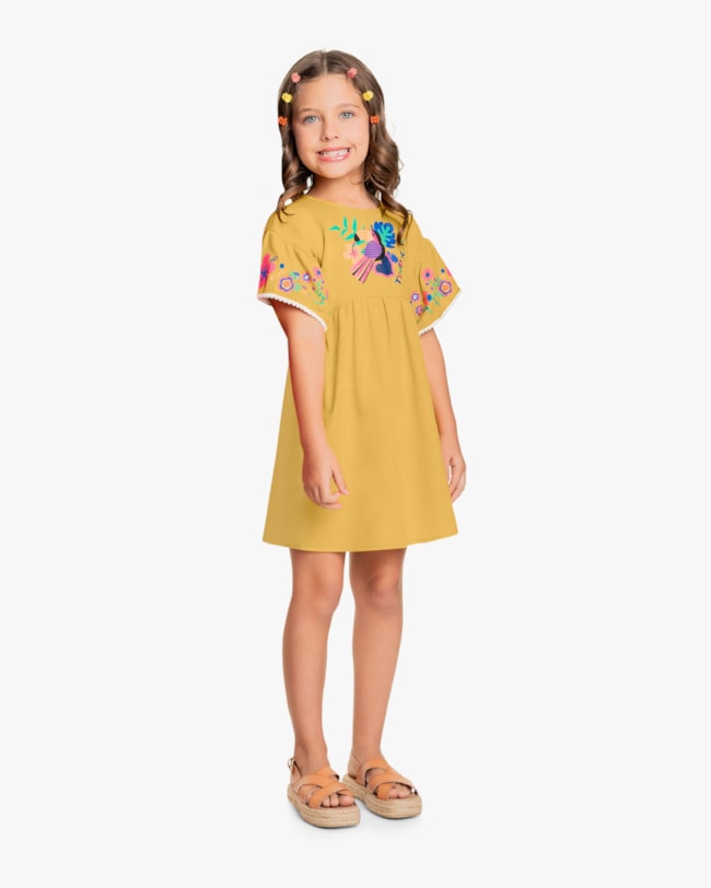 Vestido Infantil em Viscose Linho Estampa Tucano - Kely Kety - Mostarda-84d02377-7dba-40a6-9980-63780f82450b