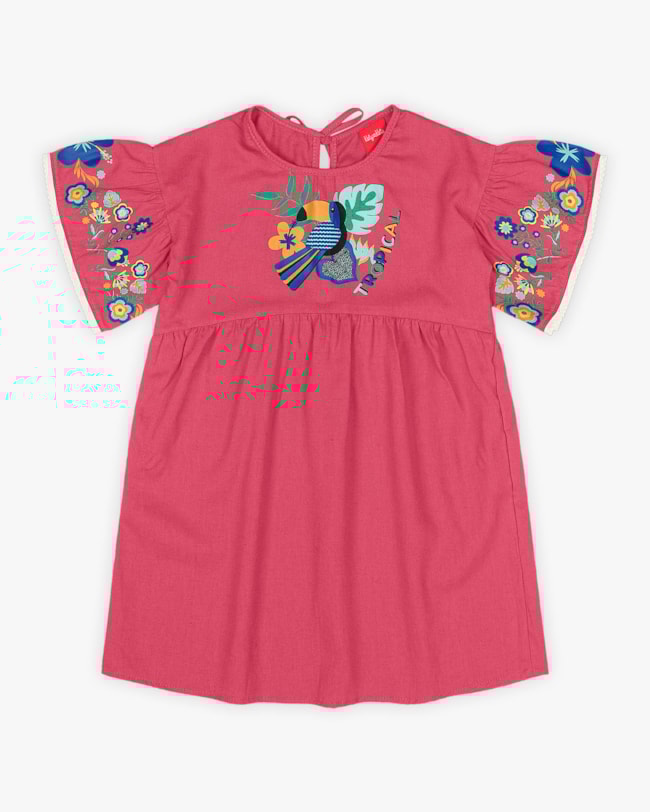 Vestido Infantil em Viscose Linho Estampa Tucano - Kely Kety - Rosa-359b2350-fd9c-4468-a68d-a6e43ae04447