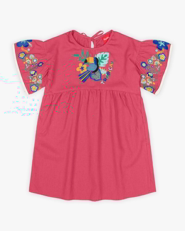 Vestido Infantil em Viscose Linho Estampa Tucano - Kely Kety - Rosa