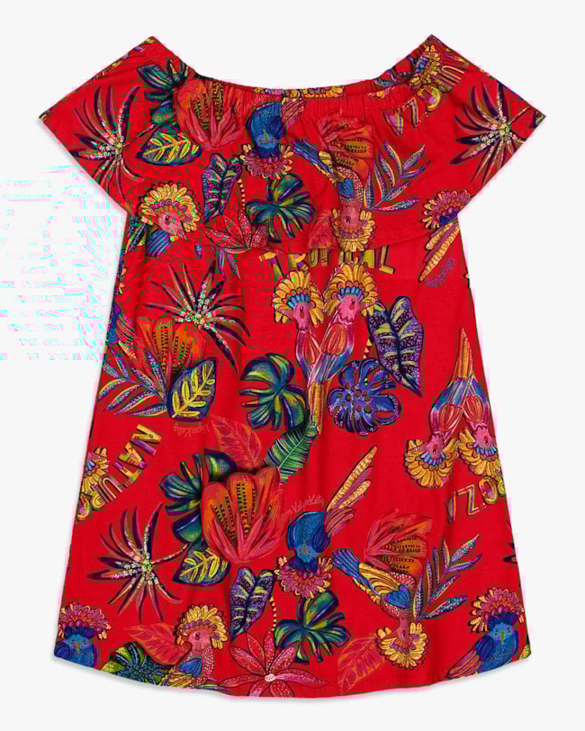 Vestido Infantil Estampa Tropical em Meia Malha - Kely Kety - Carmim-749defbb-c8ea-434b-b30e-d6882017f33f