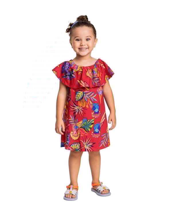 Vestido Infantil Estampa Tropical em Meia Malha - Kely Kety - Carmim
