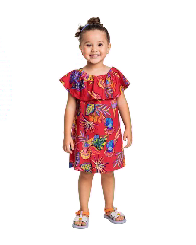 Vestido Infantil Estampa Tropical em Meia Malha - Kely Kety - Carmim-e3888130-a504-483c-8dca-ede0d8a0b350