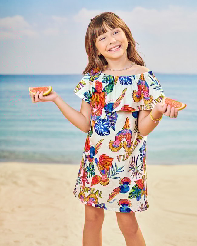 Vestido Infantil Estampa Tropical em Meia Malha - Kely Kety - Natural-ee338442-ffad-41e5-91f1-6381402bf9e4