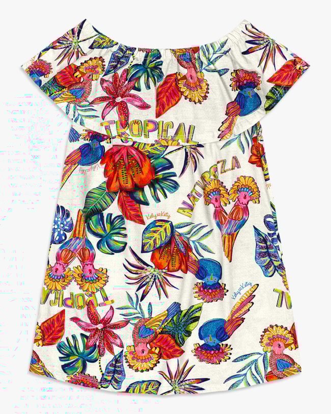 Vestido Infantil Estampa Tropical em Meia Malha - Kely Kety - Natural-2f87aedd-5e09-489f-b3d2-87fa256c6d1e