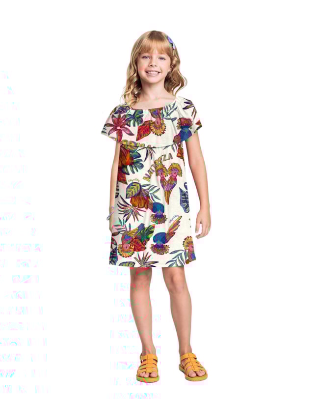 Vestido Infantil Estampa Tropical em Meia Malha - Kely Kety - Natural-81ec322f-b0f2-4c6d-bad2-93f29c5dae22
