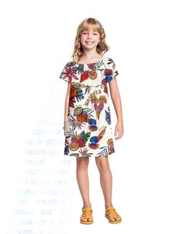 Vestido Infantil Estampa Tropical em Meia Malha - Kely Kety - Natural