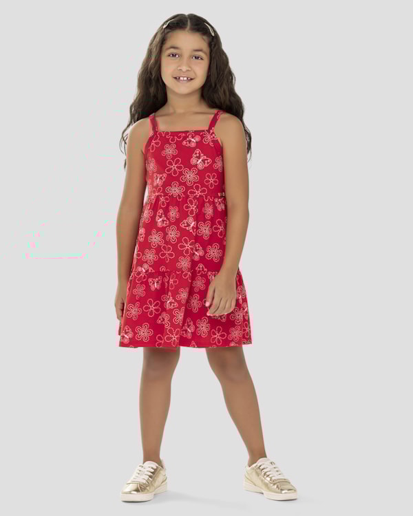 Vestido Infantil Estampado com Alça Fina Kely Kety Vermelho