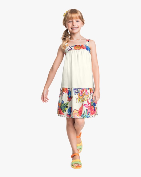 Vestido Infantil Estampado com Alças e Babados – Kely Kety - Natural