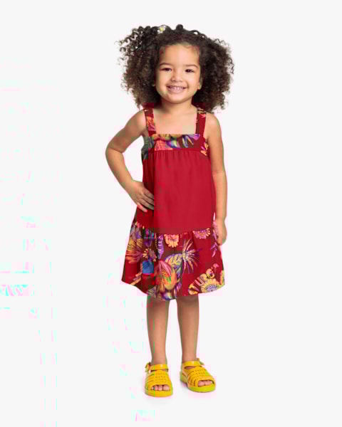 Vestido Infantil Estampado com Alças e Babados – Kely Kety - Tomato