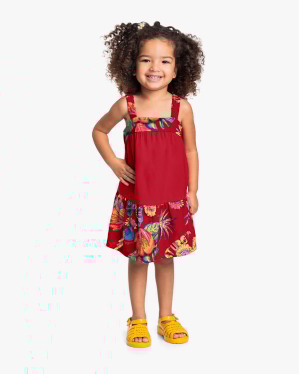 Vestido Infantil Estampado com Alças e Babados – Kely Kety - Tomato