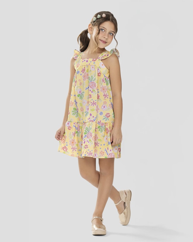 Vestido Infantil Estampado com Babados Kely Kety Amarelo-7ded04e6-6931-48b8-95e6-fa7c556310ba