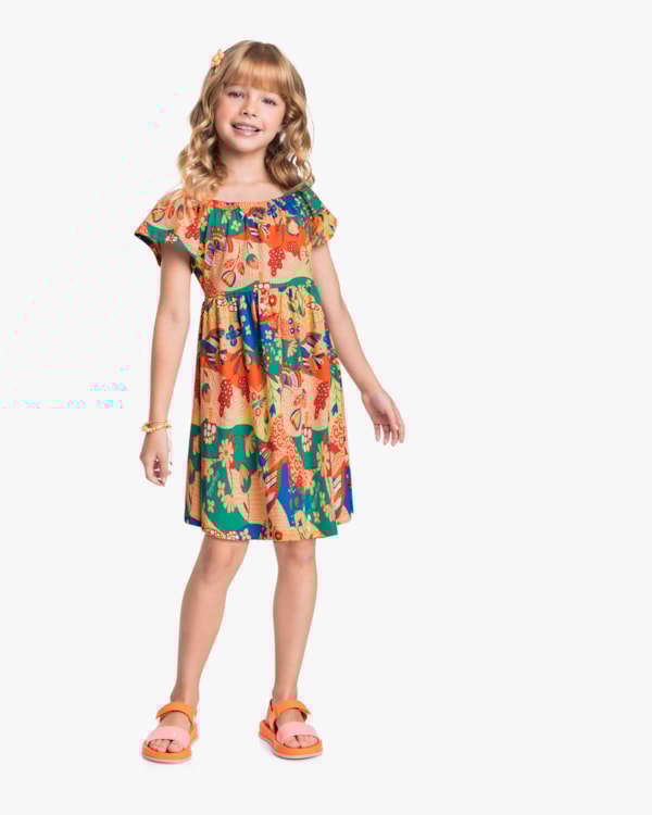 Vestido Infantil Estampado com Manga Babado - Kely Kety - Tomato