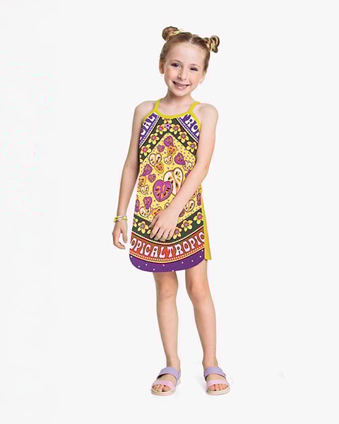 Vestido Infantil Estampado Tropical com Alças - Kely Kety - Aspargo