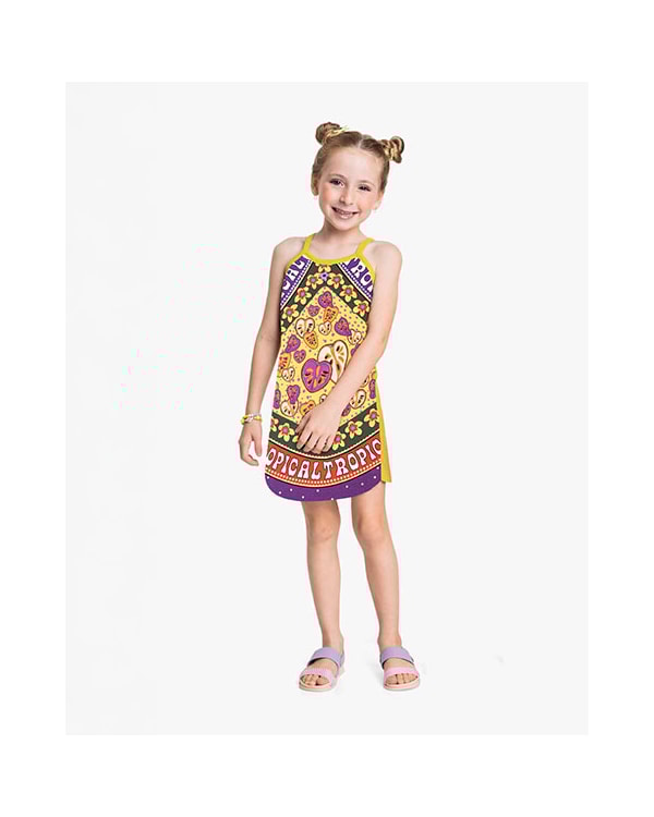 Vestido Infantil Estampado Tropical com Alças - Kely Kety - Aspargo