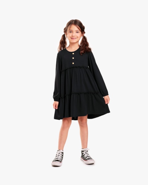 Vestido Infantil Manga Longa com Babado - Kely Kety - Preto