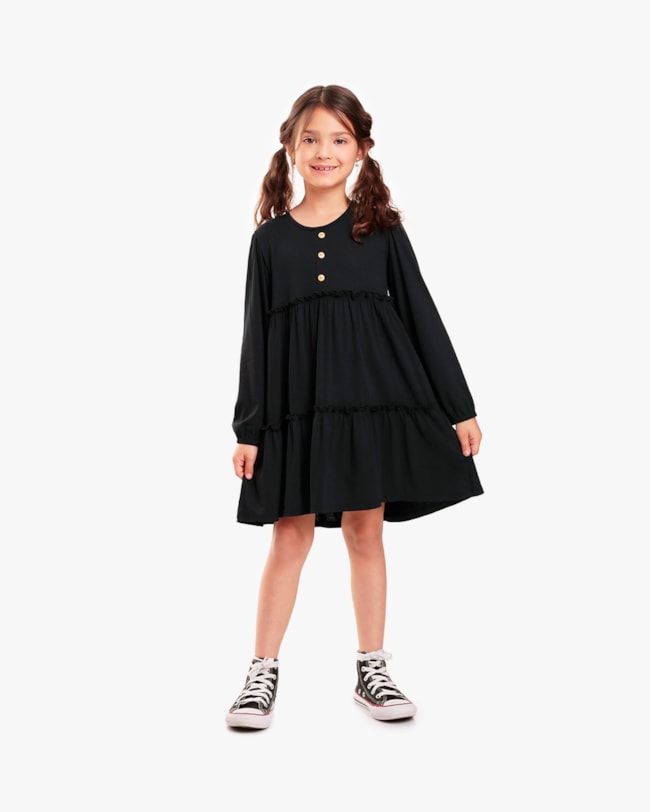 Vestido Infantil Manga Longa com Babado - Kely Kety - Preto-8fb9d53b-b844-4a8f-afe3-8515b1031e3e