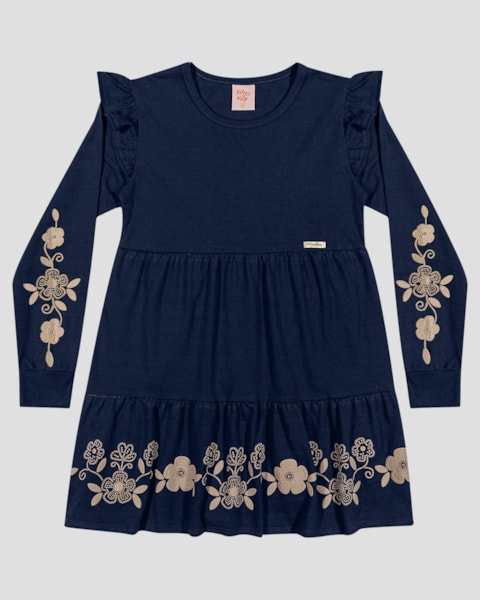 Vestido Infantil Manga Longa  com Estampa e Babado - Kely Kety - Azul