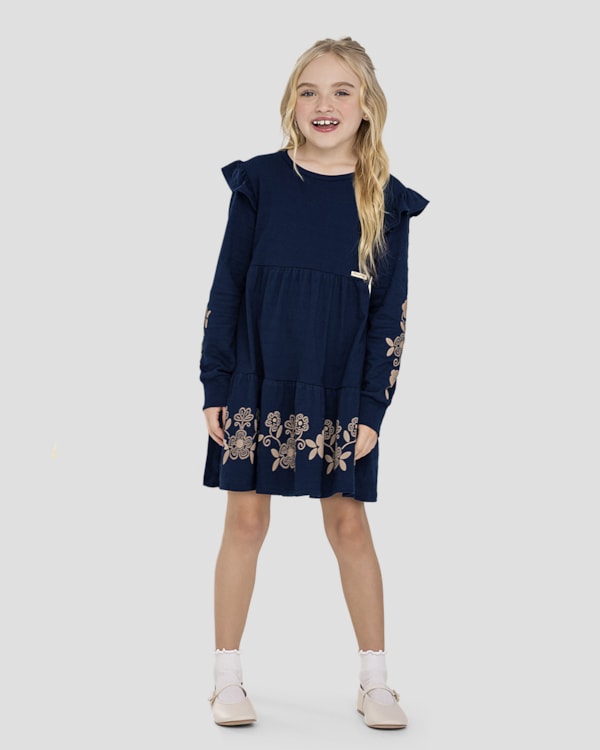 Vestido Infantil Manga Longa  com Estampa e Babado - Kely Kety - Azul