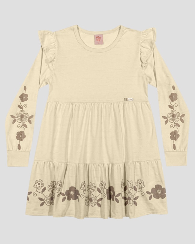 Vestido Infantil Manga Longa  com Estampa e Babado - Kely Kety - Bege-62d26d7a-8df4-48fe-8922-8f4b79a9b833