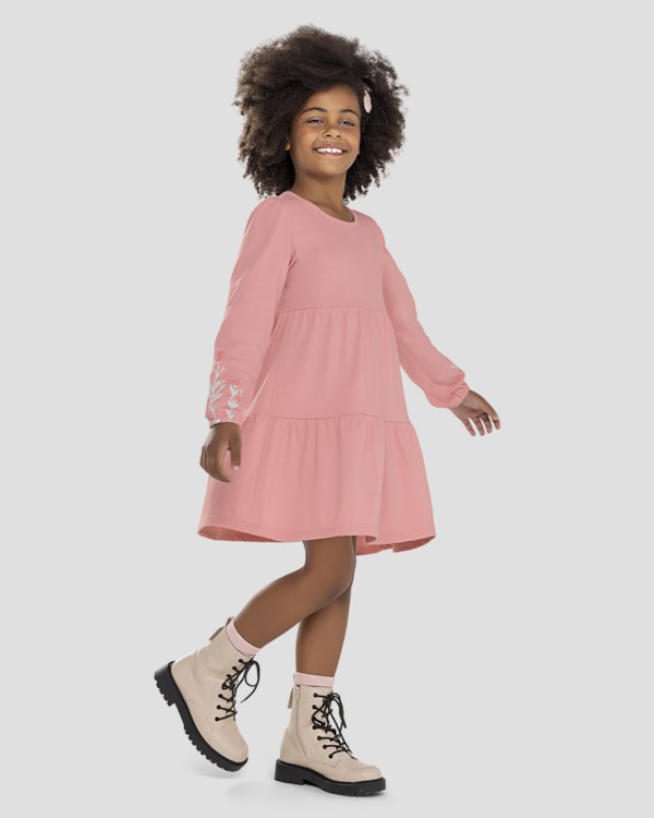 Vestido Infantil Manga Longa em Meia Malha com Estampa - Kely Kety - Rosa